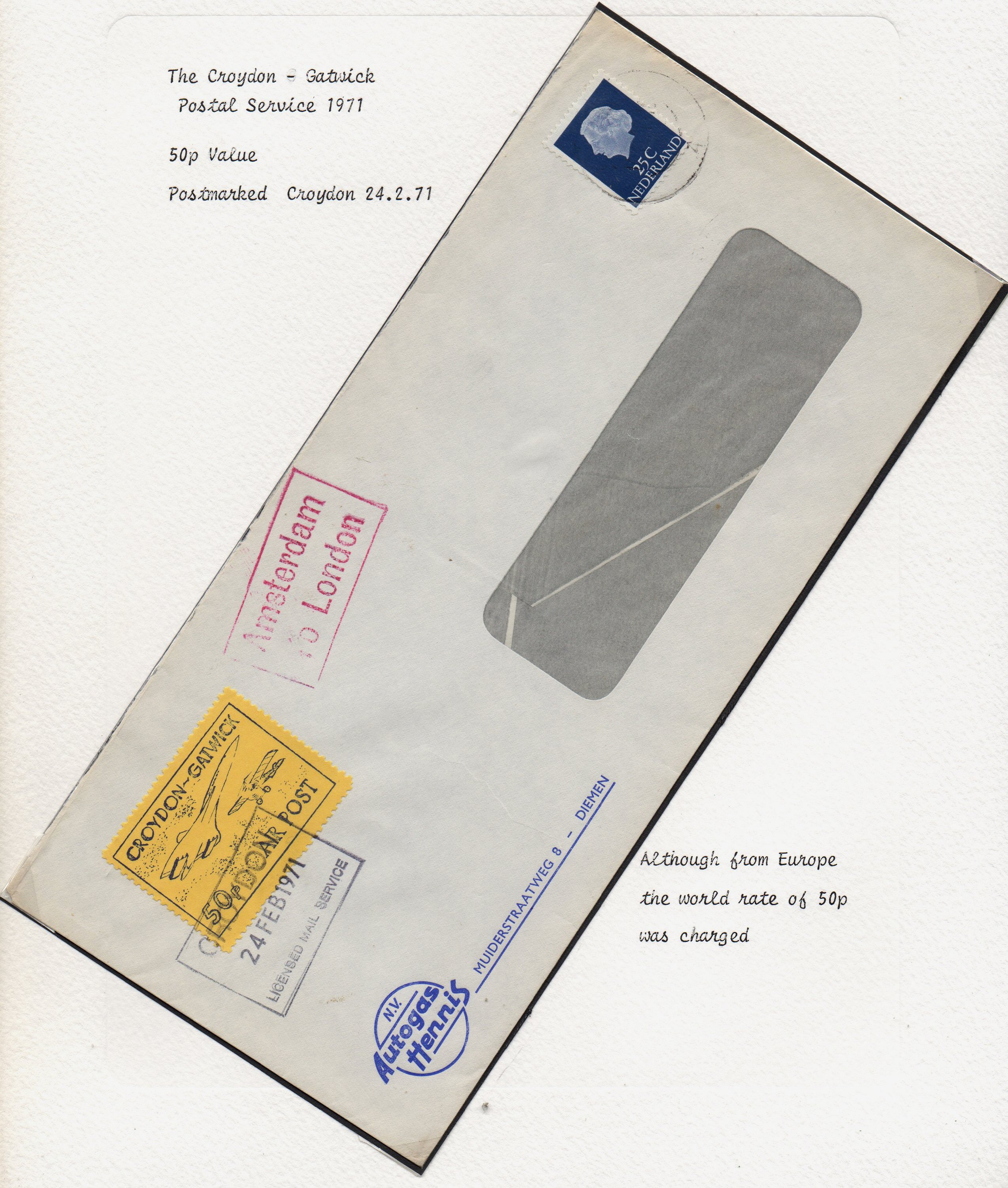 Window envelope from Amsterdam, franked with Croydon Gatwick Strike Post 50p Concorde stamp February 24th 1971